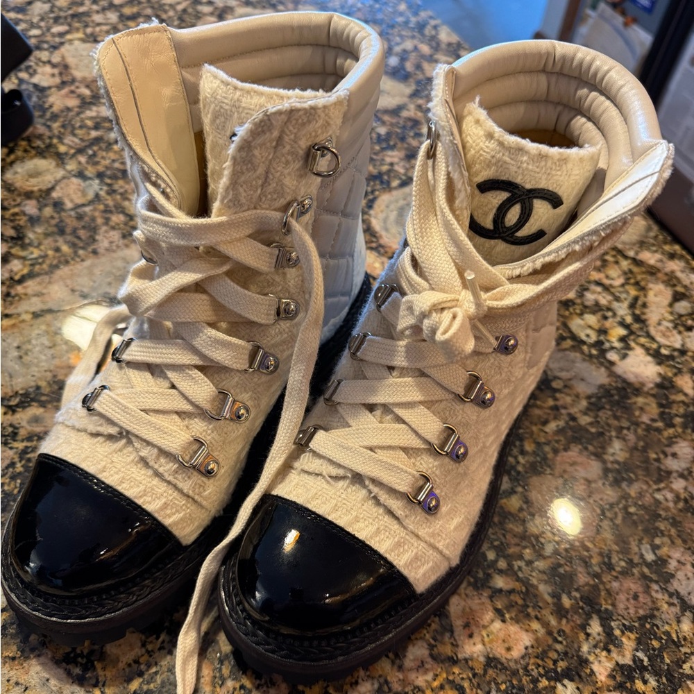 Quilted Chanel lug sole boots